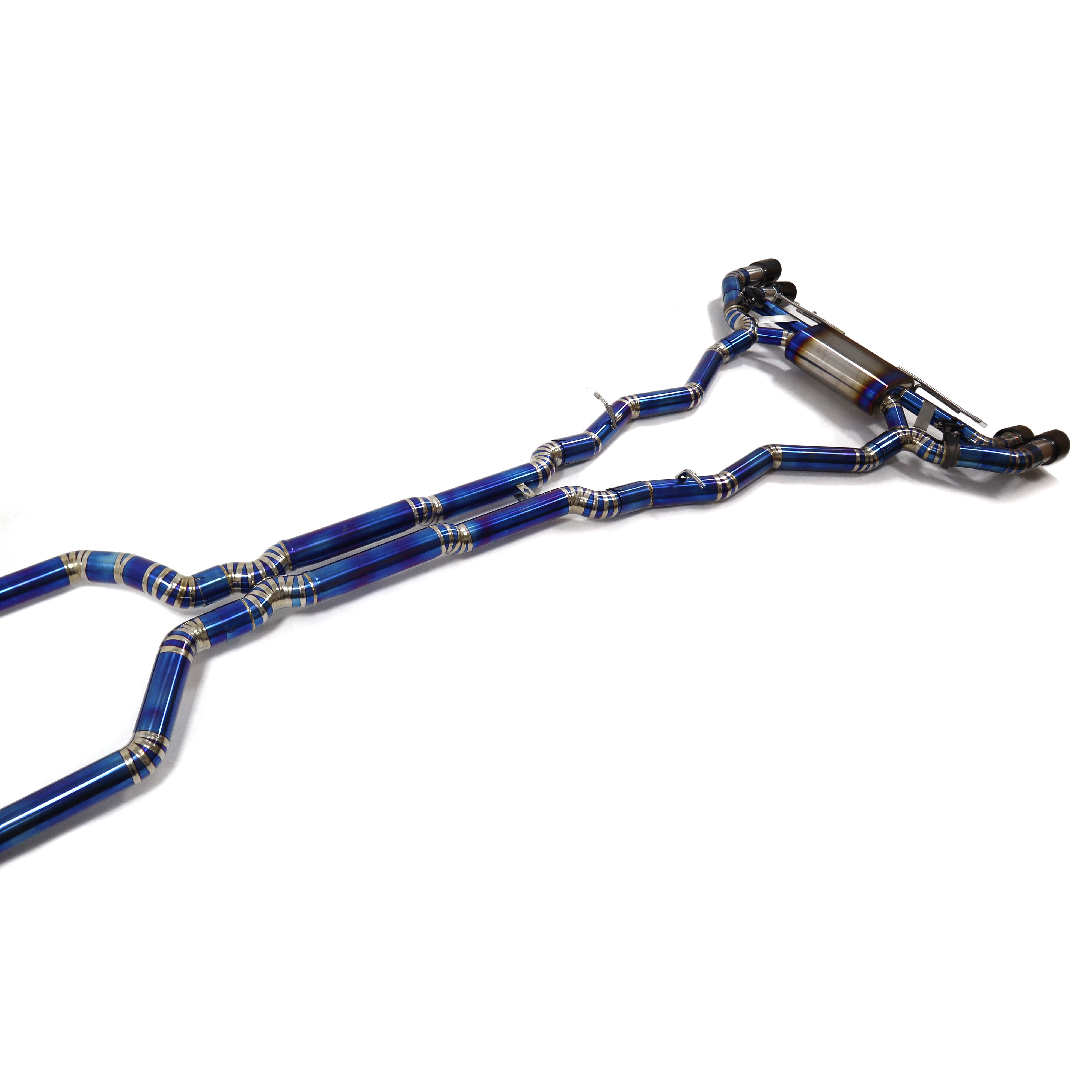 Blue metallic titanium valved exhaust system with multiple pipes