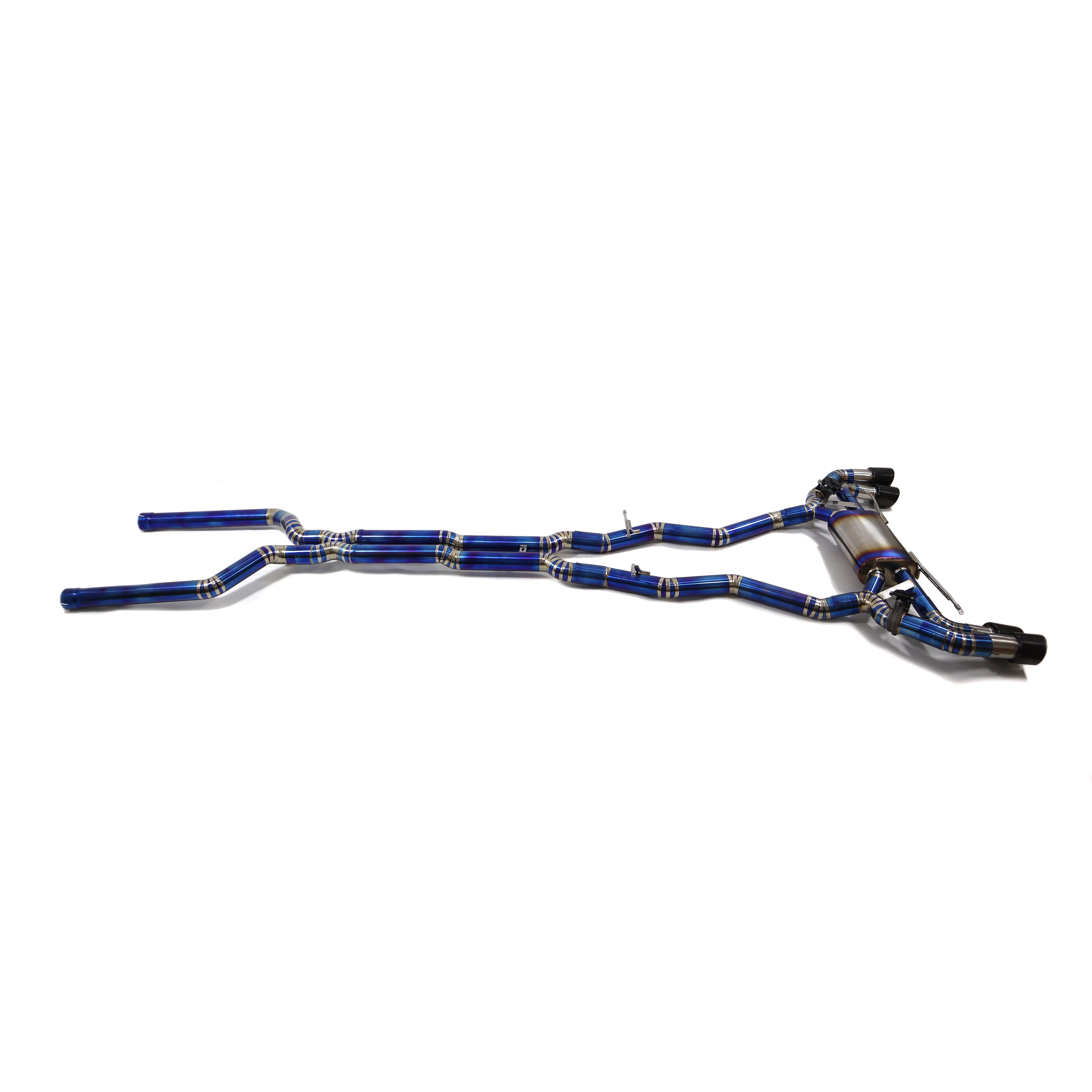 Blue metallic titanium valved exhaust system with multiple pipes