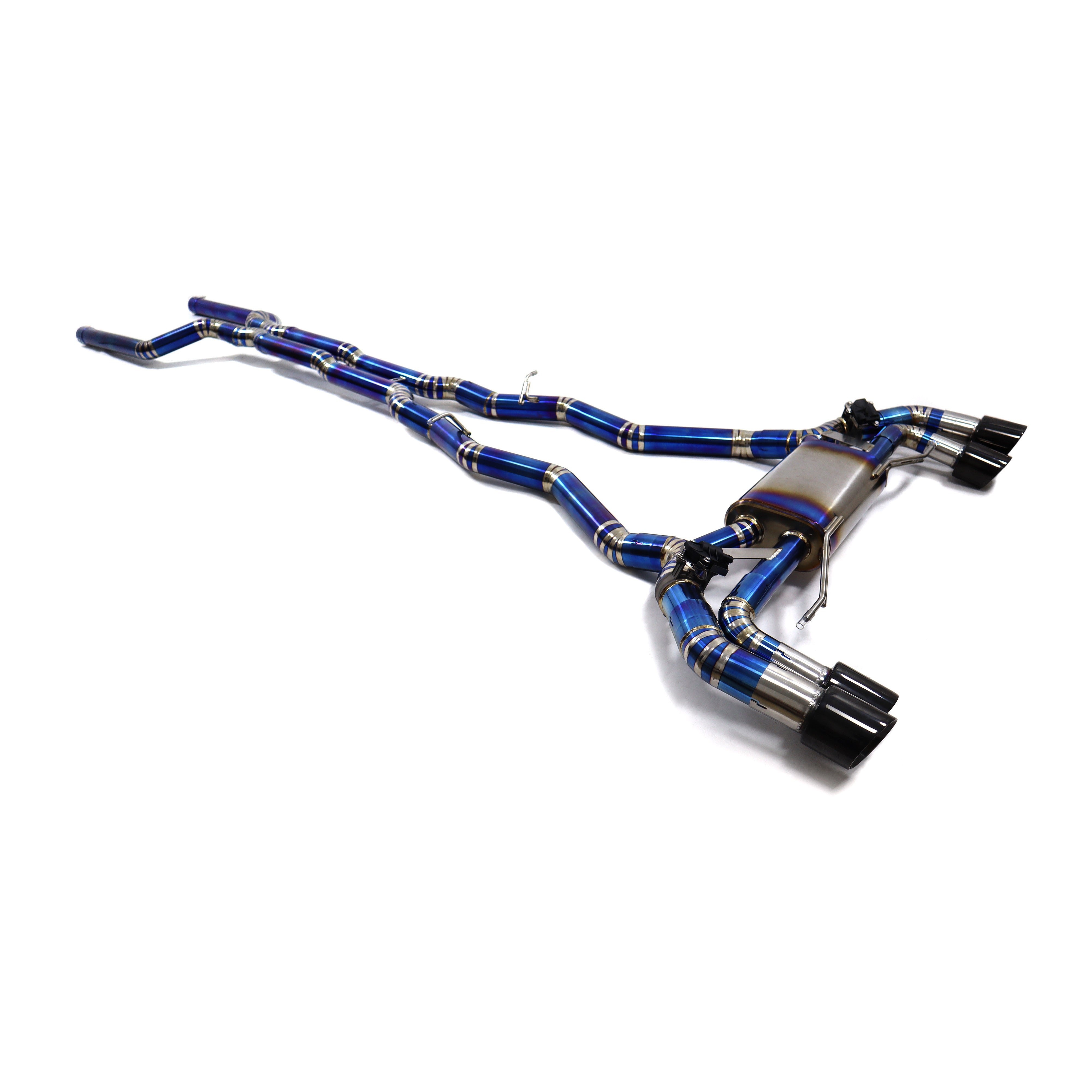 Blue metallic titanium valved exhaust system with multiple pipes