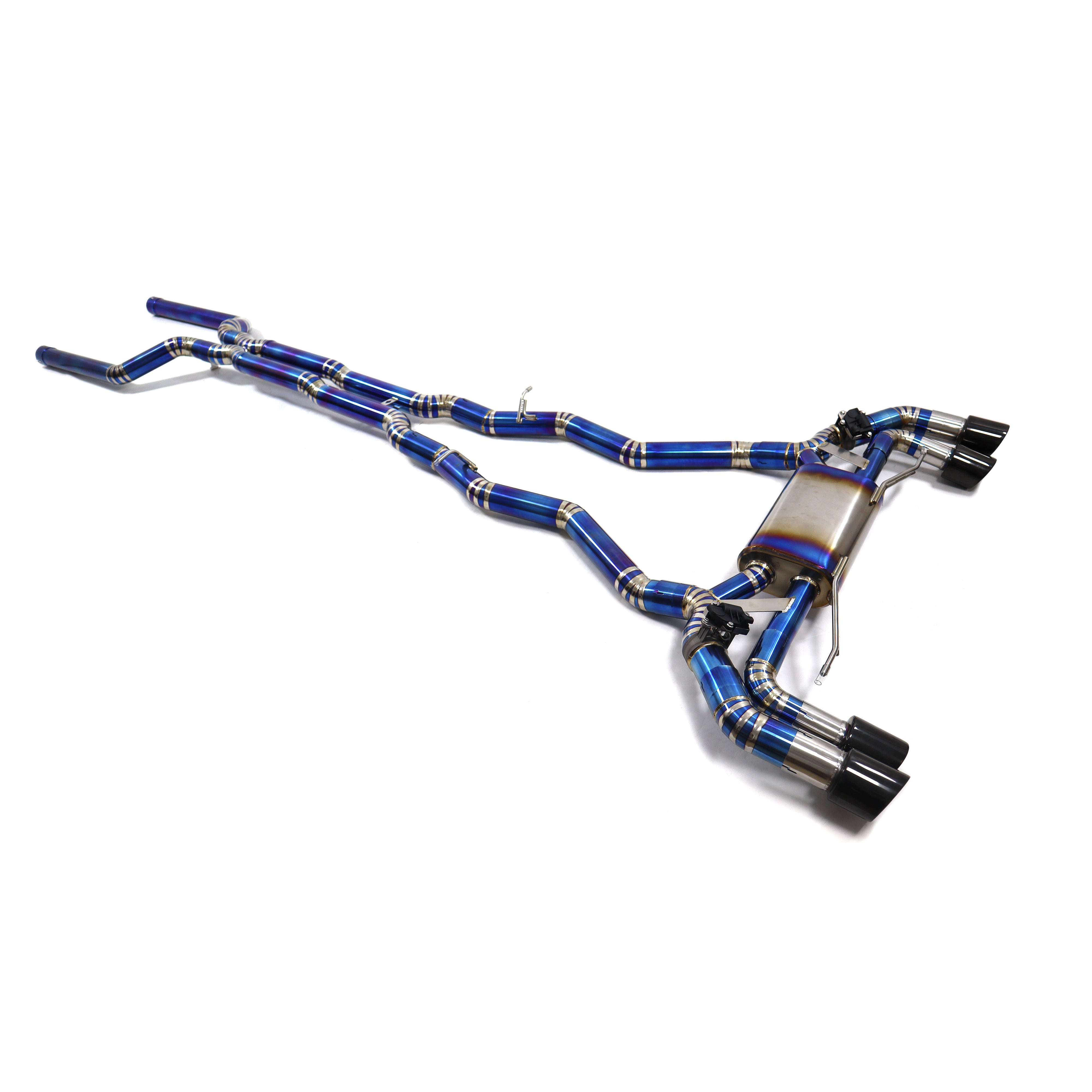 Blue metallic titanium valved exhaust system with multiple pipes