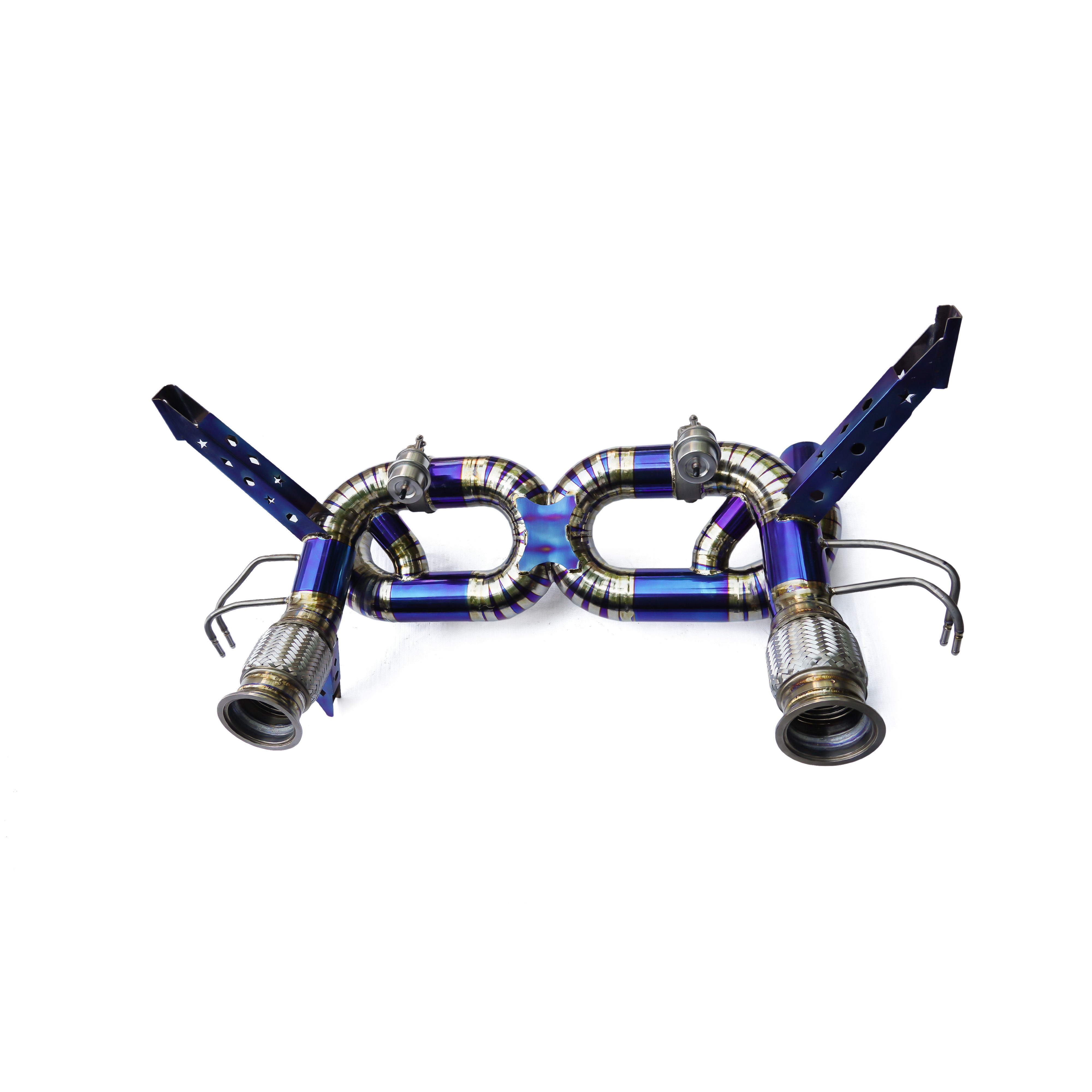 Symmetrical blue and silver titanium exhaust for huracán evo