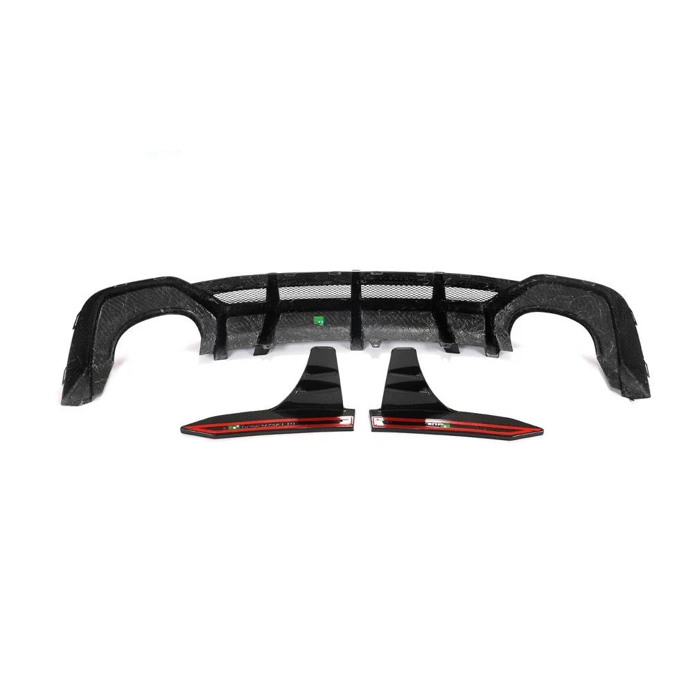 Carbon fiber car rear diffuser with side fins and reflectors