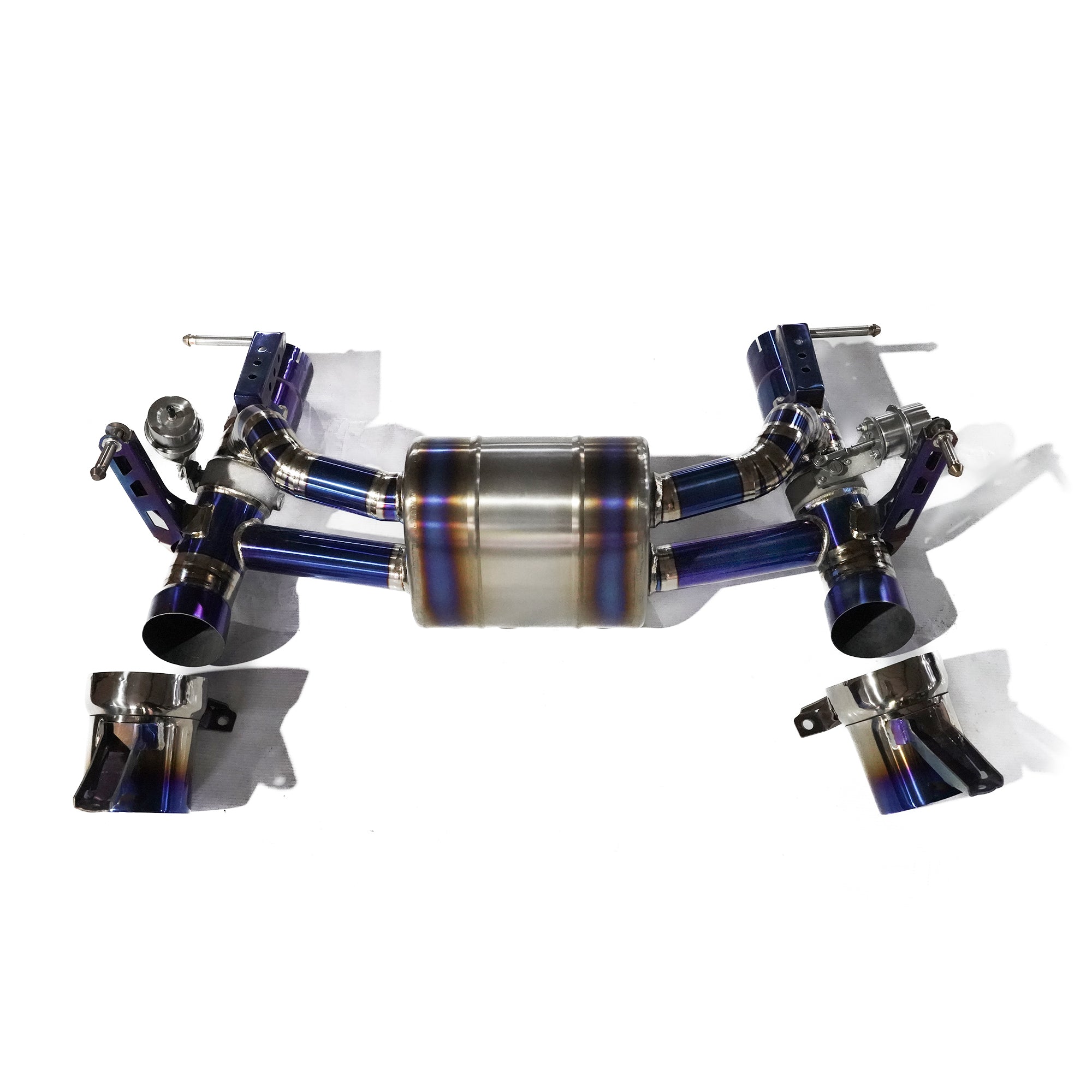 Mumani motorwerks high-performance exhaust system in blue and titanium