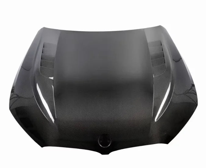 Black carbon fiber hood with aerodynamic contours and vents